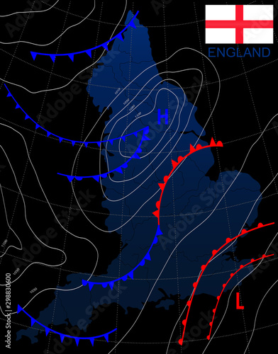 England. Weather map of the ENGLAND. Meteorological forecast on a dark background. Editable vector illustration of a generic weather map showing isobars and weather fronts. EPS 10