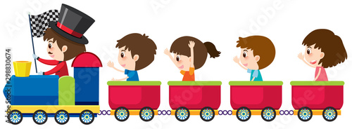 Four children riding on train on white background