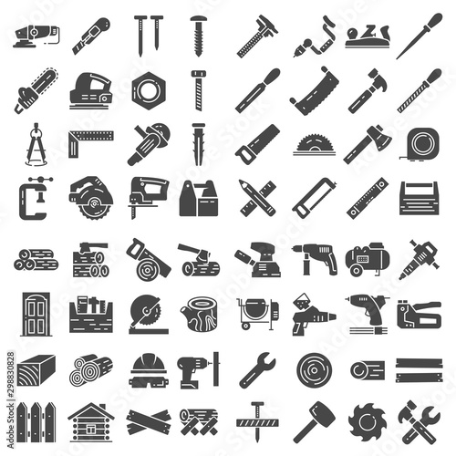 Carpentry industry equipment icons flat set on white background