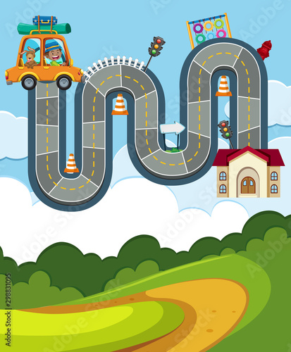 Boardgame design template with family trip on road