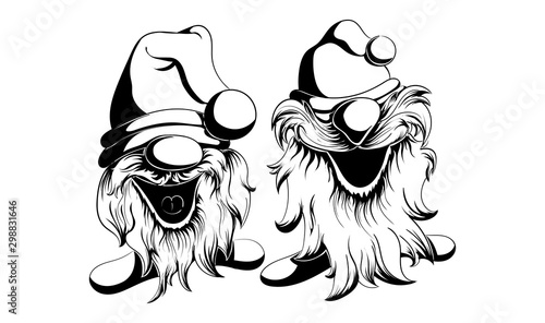 Two cheerful vector and bearded gnomes in black and white style