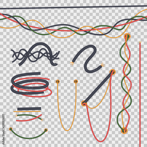 Electric cables set. Realistic isolated electrical wires intertwined with each other. Cables as line, curved waves, twisted. Flexible network electric cables isolated on transparent background vector
