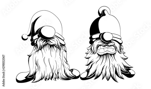 Two funny vector and bearded gnomes. One angry the other strict is worth in black and white style