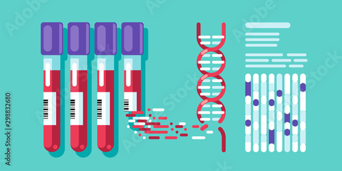 Decoding DNA spiral from a flask with biological materials. DNA test flat illustration.