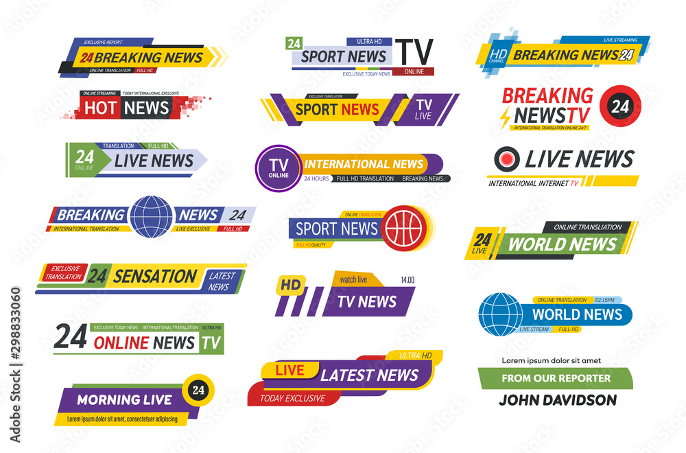 TV title news bar logos, news feeds, television, radio channels. Banner of  live television broadcast media title, streaming show news sport channel  media tv bar vector isolated Stock Vector | Adobe Stock