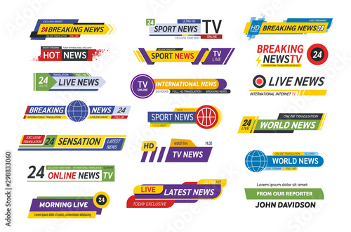 TV title news bar logos, news feeds, television, radio channels. Banner of live television broadcast media title, streaming show news sport channel media tv bar vector isolated