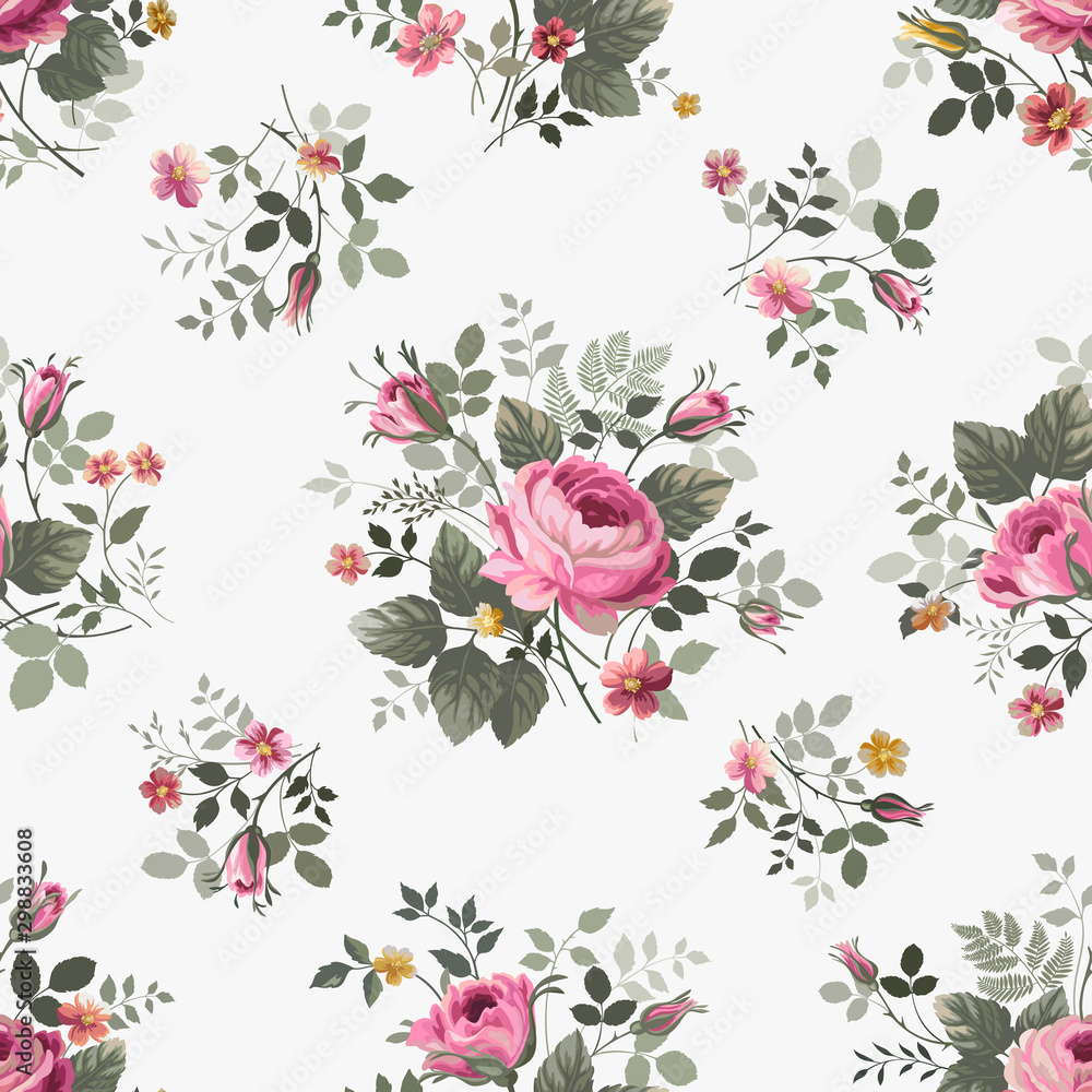 seamless floral pattern with roses on white background Stock Vector ...