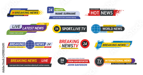 TV title news bar logos, news feeds, television, radio channels.