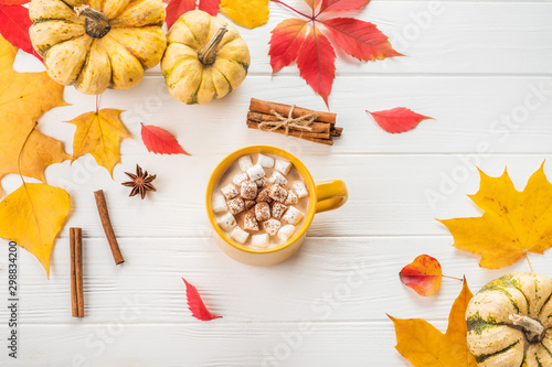 Autumn flat lay. Pumpkins and yellow leaves on white wooden background. Cup with cacao and marshmallow.