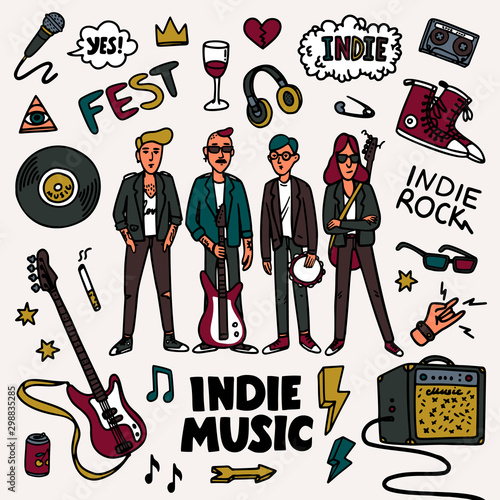 Indie rock music set. Illustration of musicians and related objects such as guitar, sound amplifier, rock inscriptions. Template for banner, card, poster, t-shirt print, pin badge patch. Vector. photo