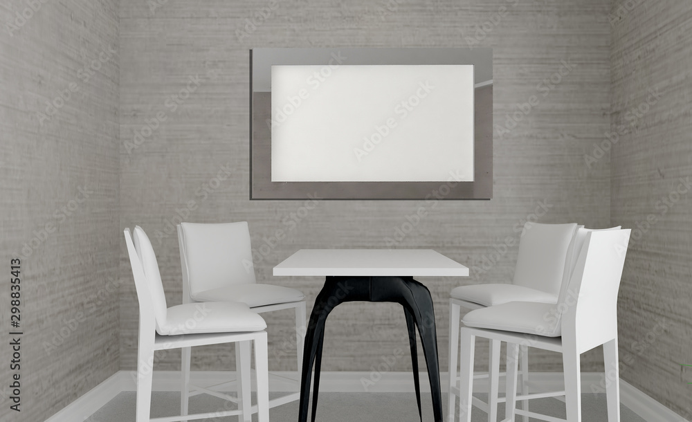Meeting room in shades of gray. Open space. Great office. Blank paintings. Mockup. 3D rendering Meeting room in shades of gray. Open space. Great office. Blank paintings. Mockup. 3D rendering