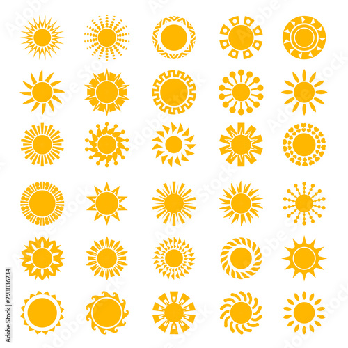 Sun icons. Sunrise creativity sunny circle shapes logo sunset stylized symbols vector collection. Sunshine and sunlight, light and hot logo set illustration