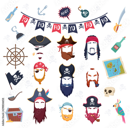 Pirate mask. Masquerade elements costumes for birthday party decoration hair mustache beard hook vector constructor. Illustration booth elements pirate mask and bandana