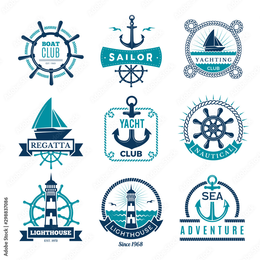 Marine labels. Nautical logo sailing boats rope and marine knot framed ...