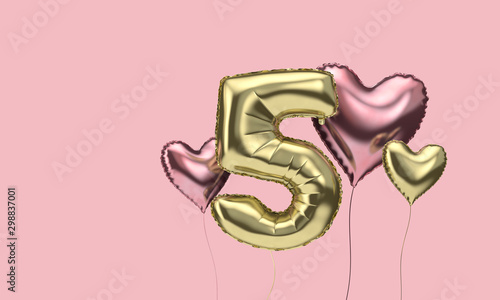 Happy 5th birthday party celebration balloons with hearts. 3D Render
