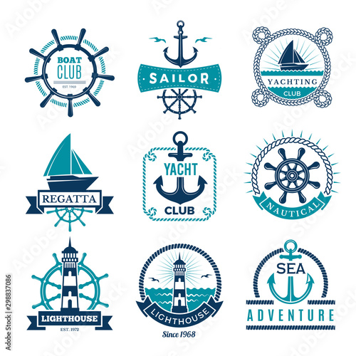 Marine labels. Nautical logo sailing boats rope and marine knot framed vector badges. Illustration marine nautical logo, anchor and steering illustration photo