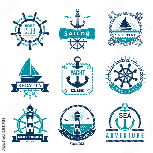 Marine labels. Nautical logo sailing boats rope and marine knot framed vector badges. Illustration marine nautical logo, anchor and steering illustration