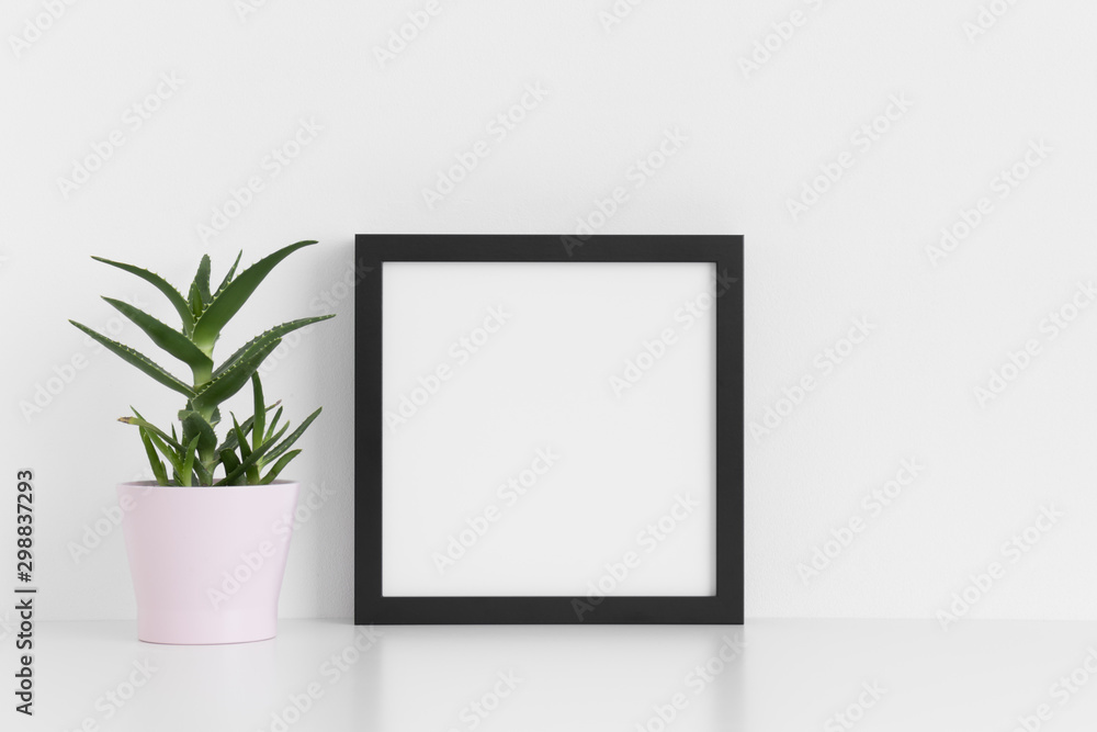 Black square frame mockup with a aloe vera in a pot on a white table. Black square frame mockup with a aloe vera in a pot on a white table.