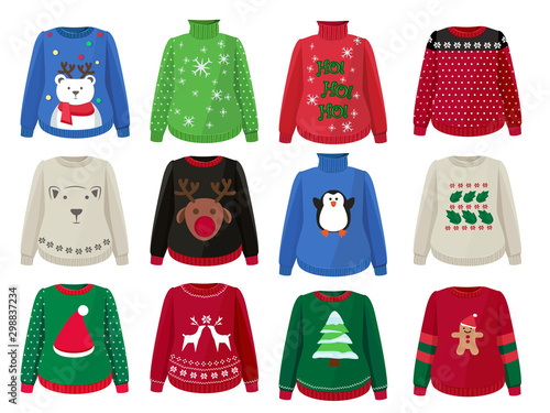 Christmas sweaters. Funny ugly clothes with christmas decoration vector cartoons. Knitwear handmade sweater, clothing jumper with snowflake or penguin illustration photo