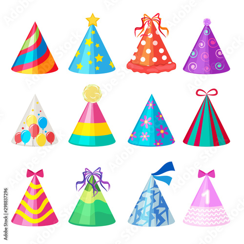 Birthday caps. Cartoon party decoration celebration element vector colored caps collection. Birthday cap and celebration accessory made from paper illustration
