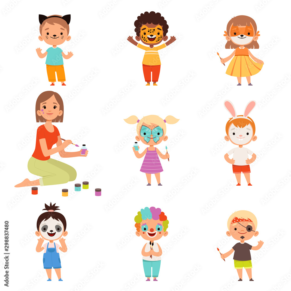 Kids face painting. Animator drawing and playing with childrens party costumes makeup vector cartoon. Illustration costume face paint, creativity playing mask Kids face painting. Animator drawing and playing with childrens party costumes makeup vector cartoon. Illustration costume face paint, creativity playing mask