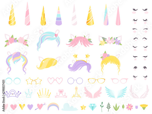 Unicorn face. Fairy tale pony head horn eyes ear hairs birthday party unicorn vector creation kit. Pony hair and eyelash, ears and horn illustration