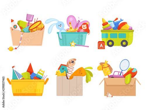 Toys box. Children toy cars rocket soccer bear gifts for kids vector packages collection. Toy box with rattle and machine, airplane and teddy illustration