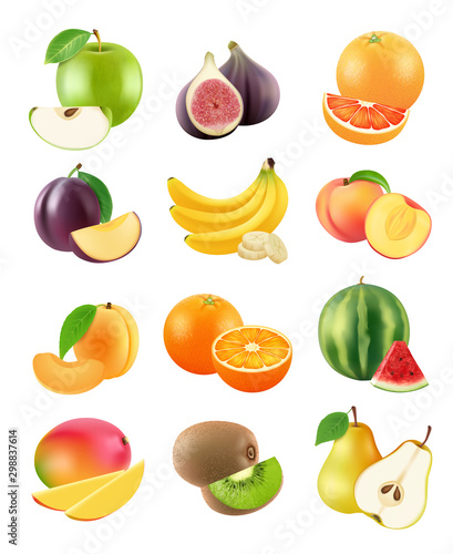 Sliced fruits. Vegetarian food agriculture objects plum orange banana pear kiwi apricot apple orange vector realistic. Banana and fruit, food healthy illustration