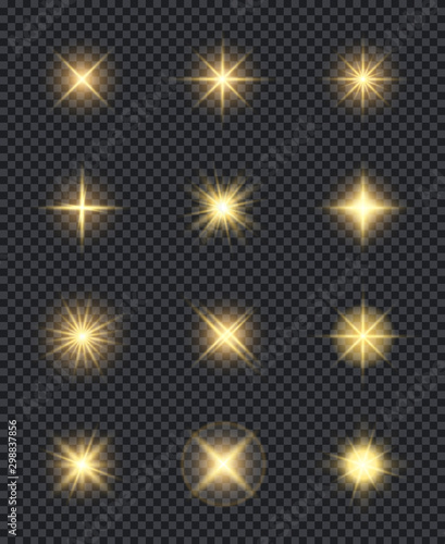 Glowing stars. Realistic lighting shining effects sparks celebration vector symbols. Star bright and light effect, glow shine flare illustration