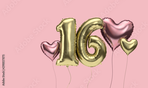Happy 16th birthday party celebration balloons with hearts. 3D Render photo