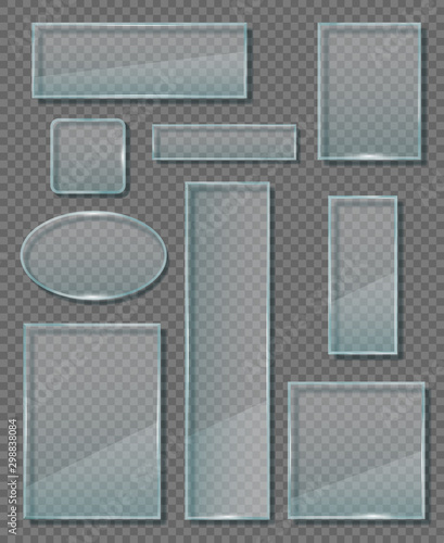 Glass plaque. Modern transparent walls panels different empty banners forms geometrical shapes vectors. Illustration glass banner transparent, reflection plastic transparency panel