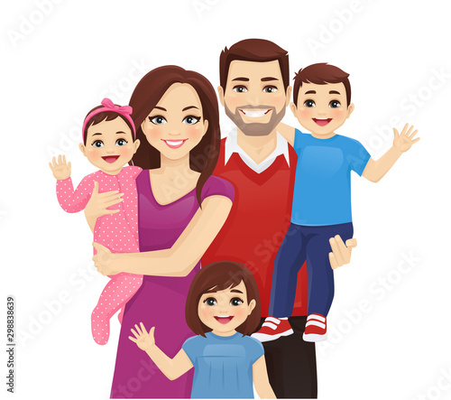 Parents with newborn baby, toddler boy and girl vector illustration isolated. Happy family portrait. Mother, father, daughter, son.