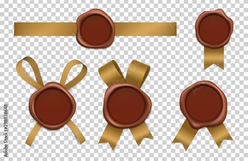 Wax stamp and gold ribbons. Sealed brown rubber postal stamps with tapes vector realistic 3d pictures. Illustration seal stamp to certificate, ribbon and wax insignia