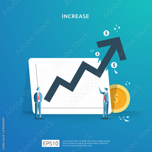 income salary rate increase concept illustration with people character and arrow. Finance performance of return on investment ROI. business profit growth, sale grow margin revenue with dollar symbol