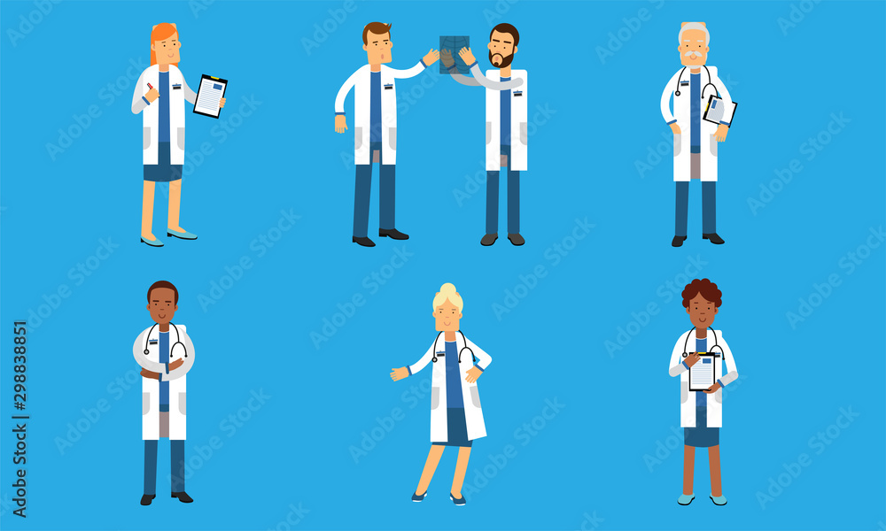 Medical Characters In Different Actions Depict Hospital Routine Vector Illustration Set Isolated On Blue Background