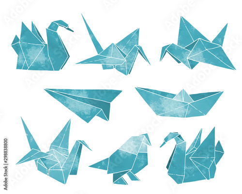 Origami hand drawn vector set, watercolor style, folder paper art color animals, birds, boat, plane shapes isolated on white background
