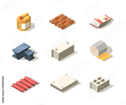 Construction materials. Pile bitumen sack sand roofing slab wall decoration vector isometric collection for builders. Illustration of cement and construction roof material