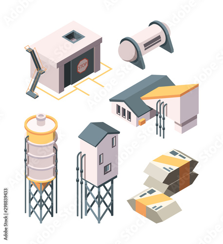 Cement production. Heavy industry concrete transport mixer and tanks vector isometric collection. Industry construction for cement production illustration