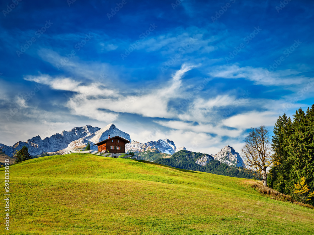 Chalet on a meadow at the mountain Eckbauer with alps