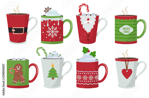 Christmas cup. Holiday hot coffee drinks mug decoration vector christmas design. Christmas drink coffee and chocolate, tea hot illustration