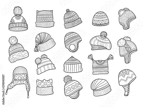 Winter doodle hat. Clothes flapping ears warm hat with fur knitted vector sketches illustrations. Clothes and cap, scarf knitted, clothing accessories sketch knitwork