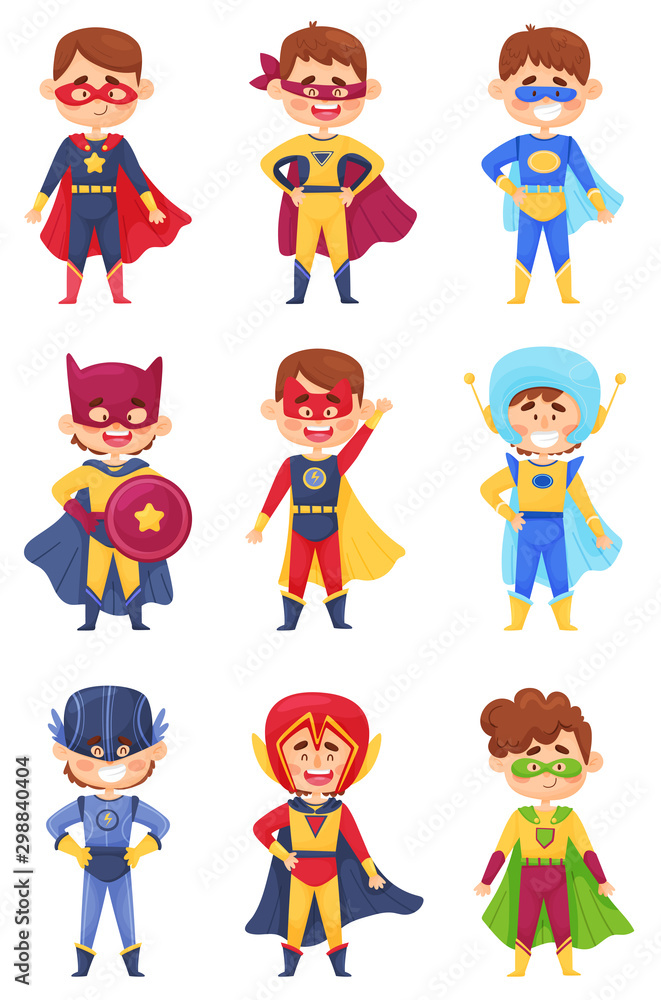 Set Of Little Boys In Costumes Of Comic Superheroes Vector Illustrations Cartoon Characters