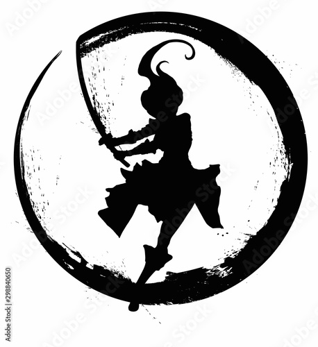 Silhouette of a girl with a sword describing the circle of the black ink, running into battle . 2D illustration