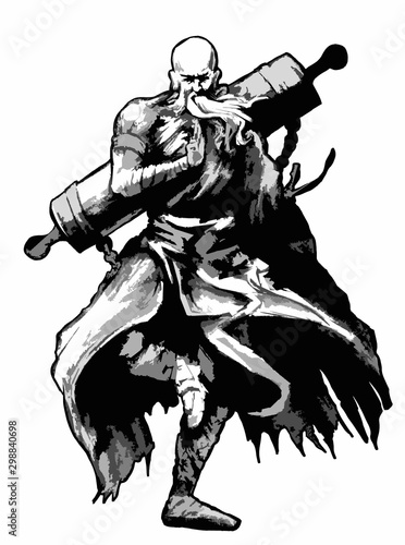 Shaolin monk old man stands on one leg and prays with one hand, behind him a huge scroll. 2D vector illustration