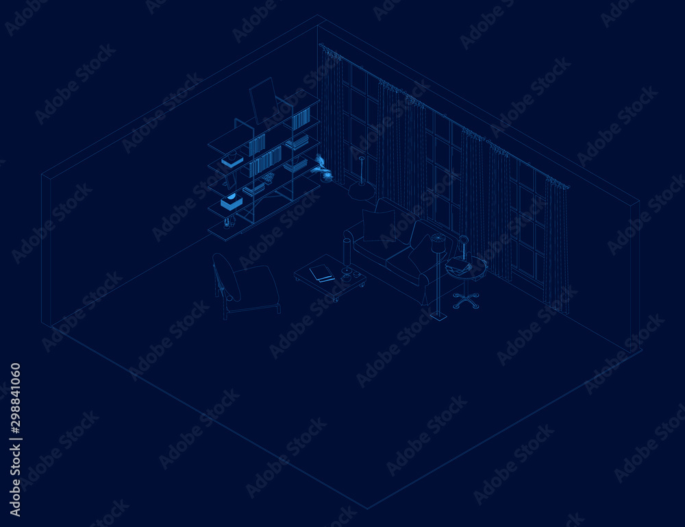 Contour of the interior with a desk, a bookcase with books and a sofa. View isometric. Vector illustration