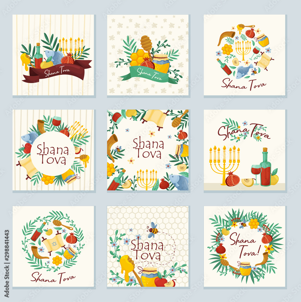 Shana Tova Jewish Holiday Concept Vector Illustrations Set