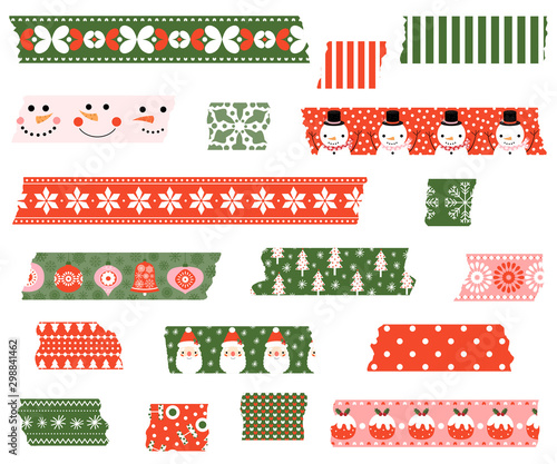 Vector set with Christmas torn stripes of adhesive paper tape in green and red colors for scrapbooking and holiday decor