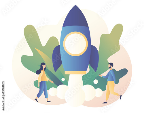 Business Start Up concept. Tiny people working on launching a spaceship. Teamwork.  Modern flat cartoon style. Vector illustration