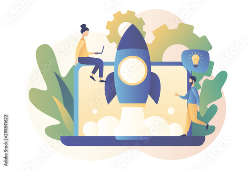 Business Start Up concept. Tiny people working on launching a spaceship. Teamwork.  Modern flat cartoon style. Vector illustration