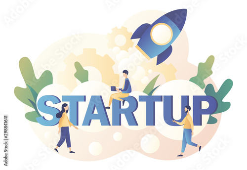 Business Start Up concept. Tiny people working on launching a spaceship. Teamwork.  Modern flat cartoon style. Vector illustration